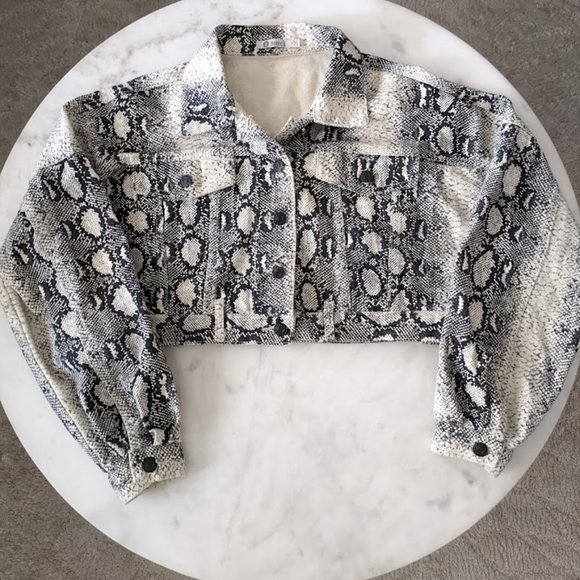 Noble U Snake Reptile Animal Print Oversized Cropped Jean Denim Jacket - Picture 1 of 10